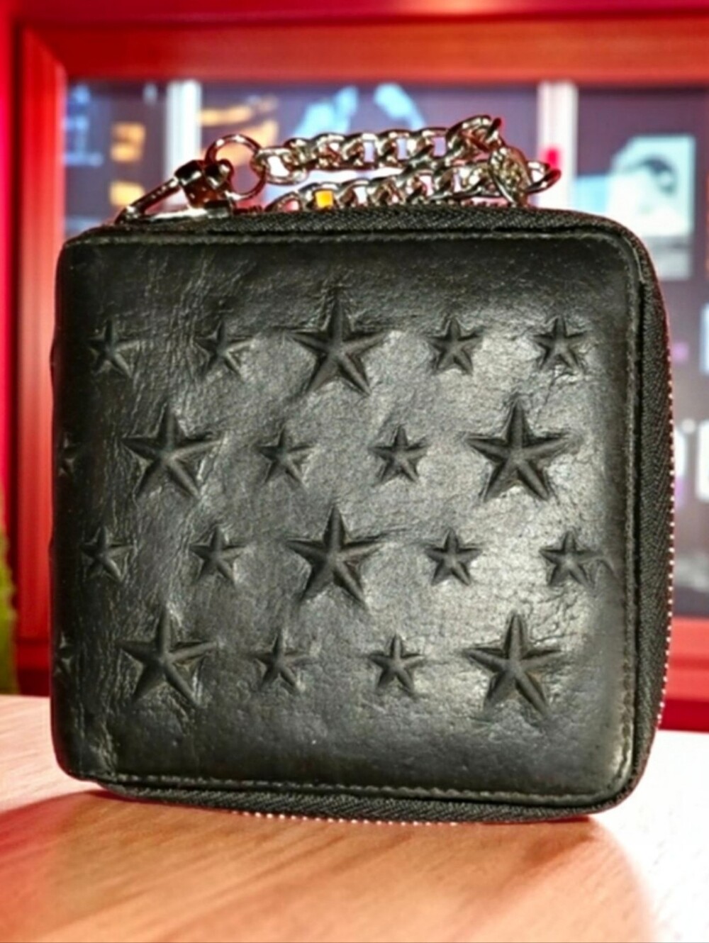 JIMMY CHOO Black Leather Star Embossed Wallet w/ Chain